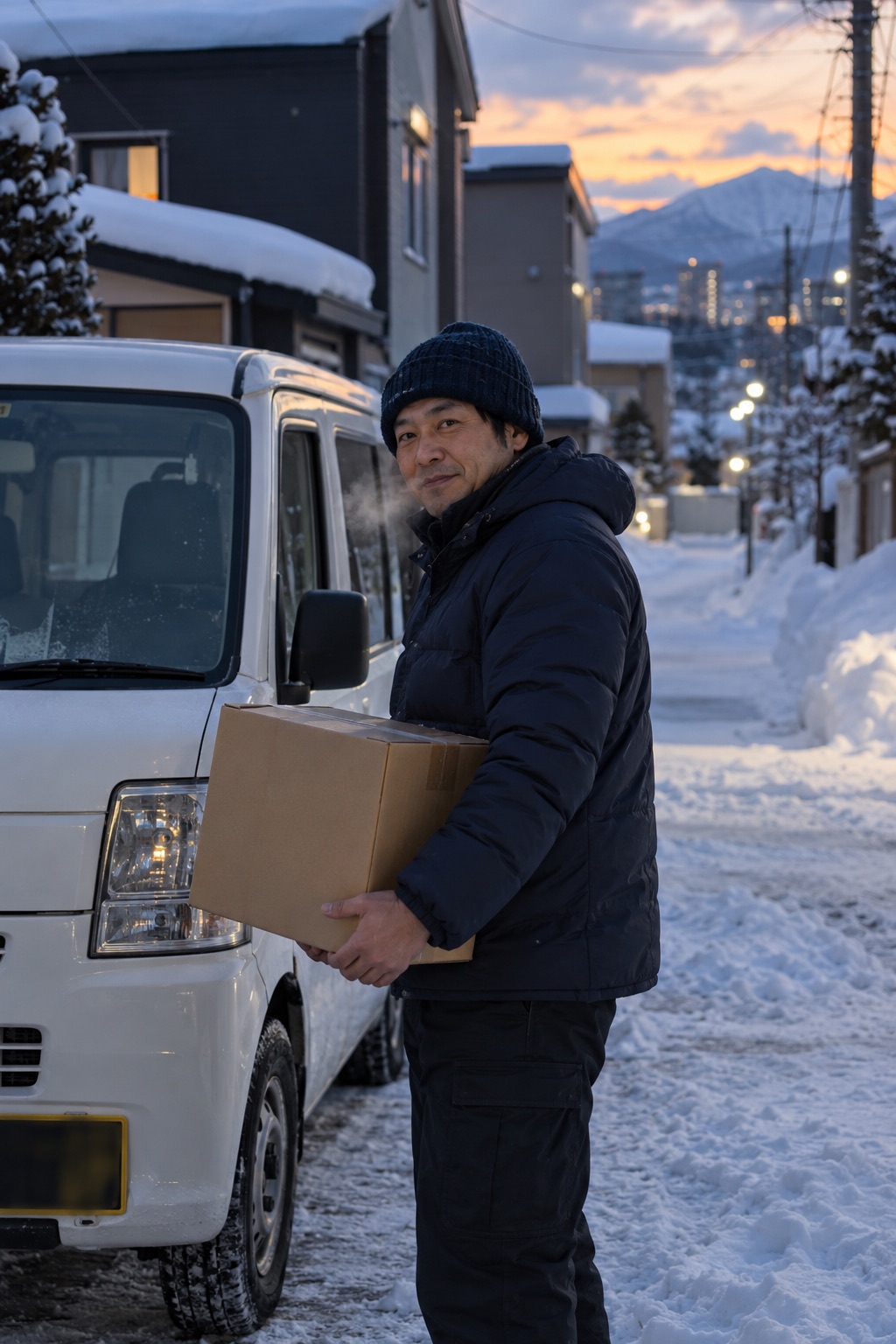 雪の住宅街で、白い軽バンの横に段ボールを持って立つドライバー
