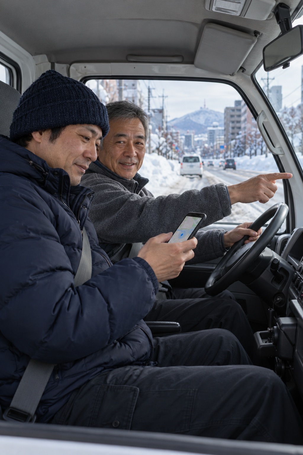 軽バンの車内で、運転する社員が助手席の新人に道を教えている