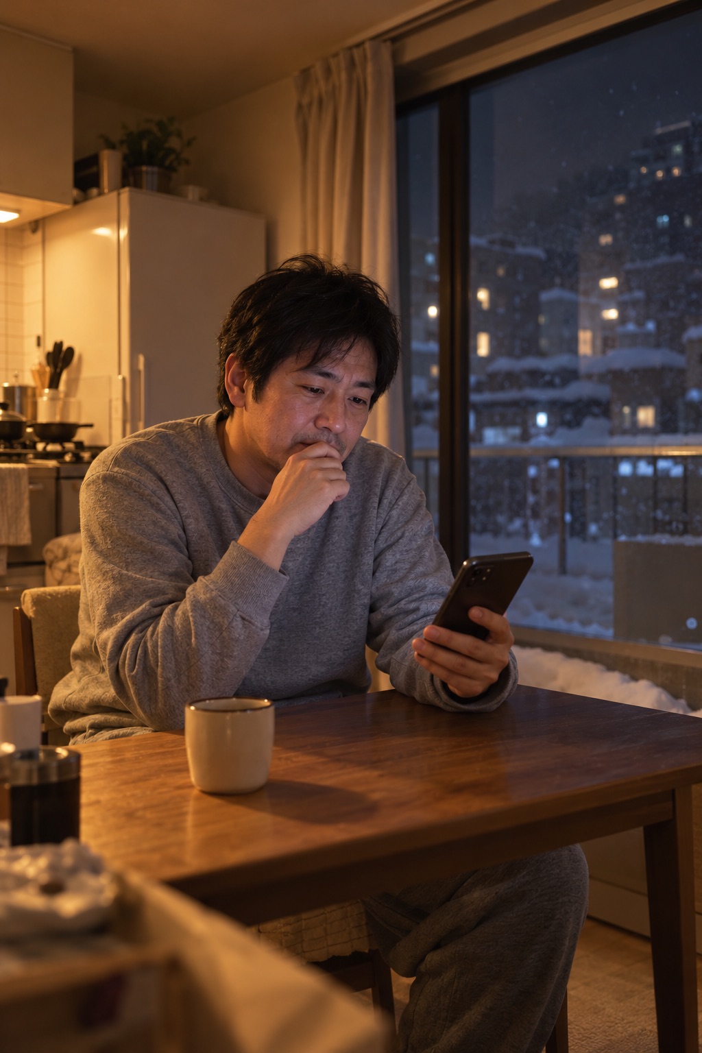 夜の台所でスマホの求人を見て考え込む男性