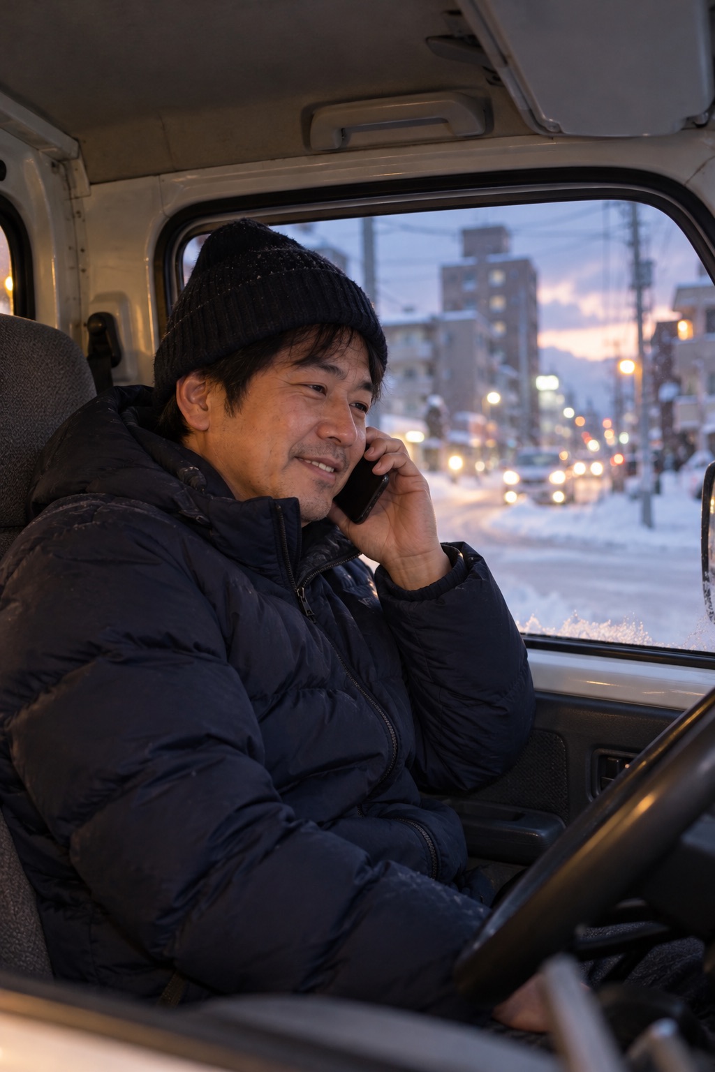 運転席で電話しながらほっとした表情のドライバー