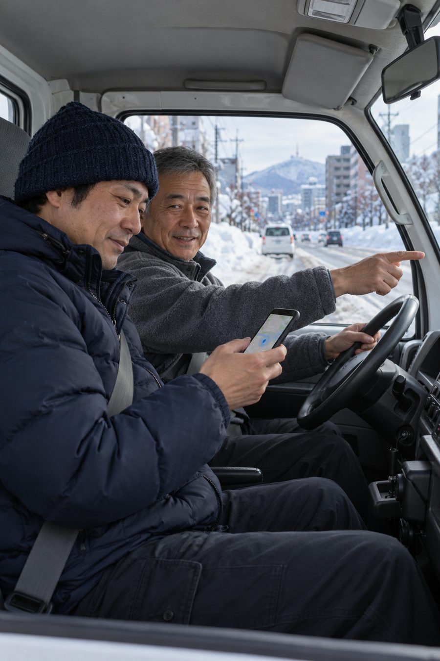 車内で教えるスタッフ