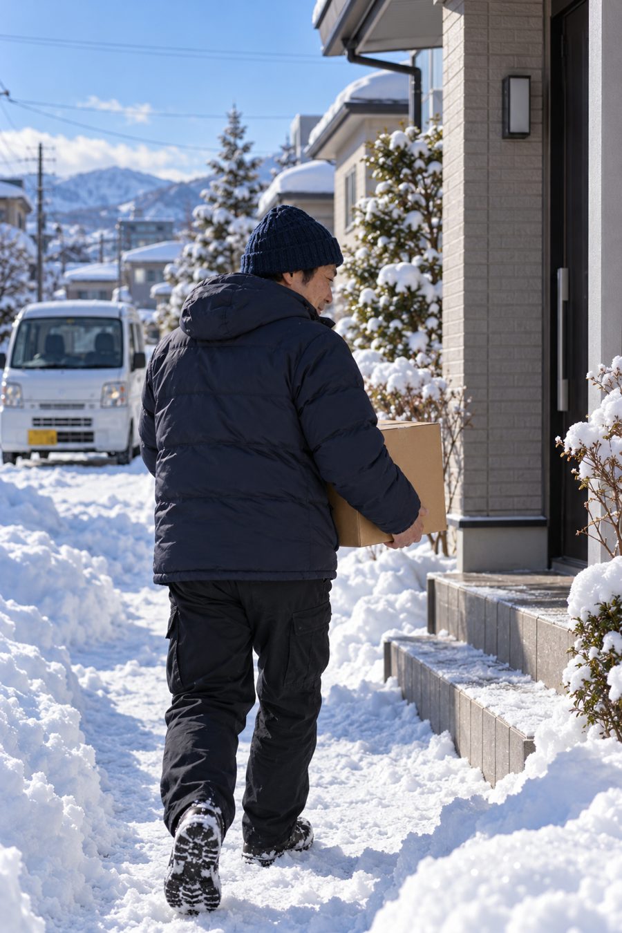 雪道を歩くドライバー